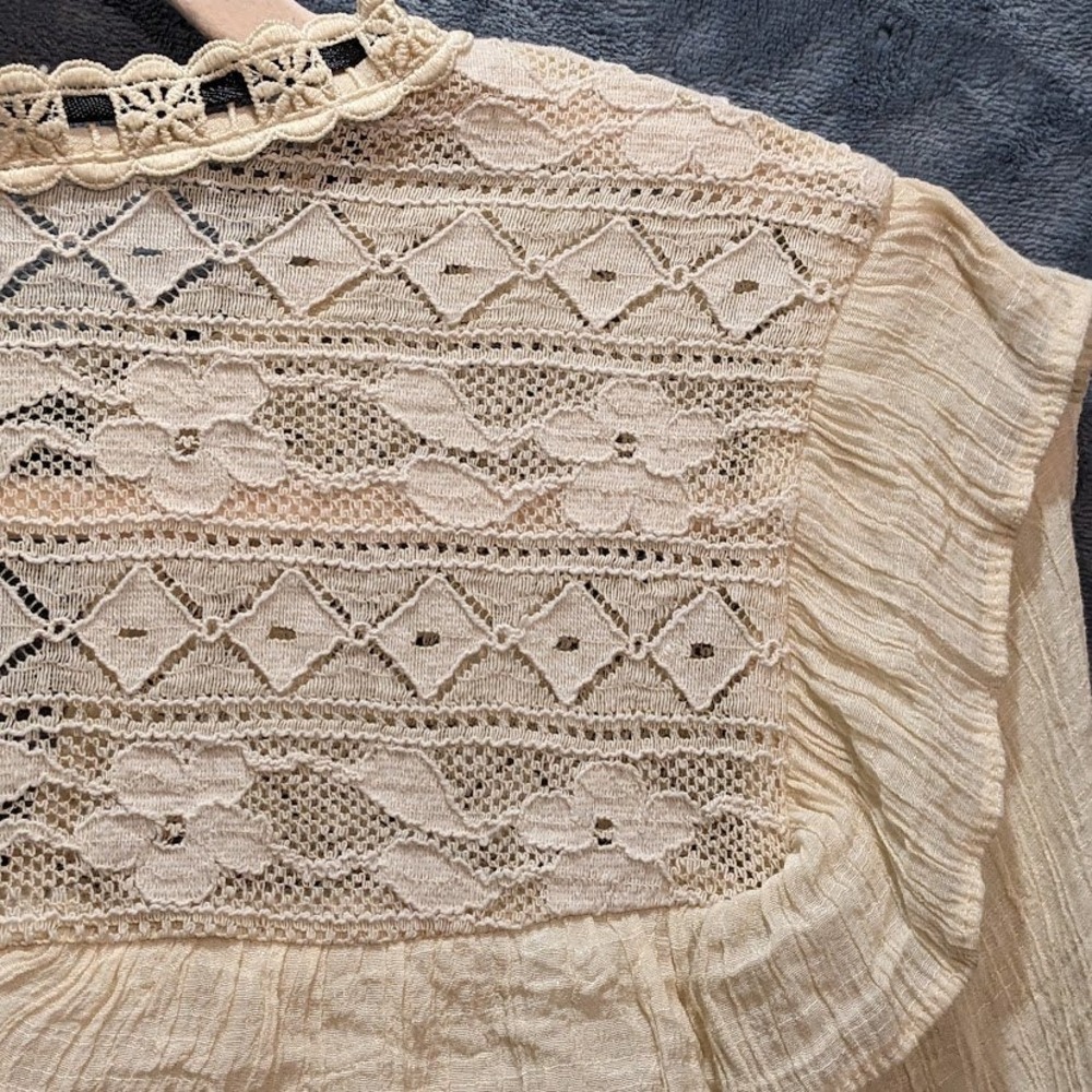Cottagecore Lace Bib Blouse Cream Crinkle Gauze Ruffle Collar Ribbon Tie Boho - Picture 12 of 13